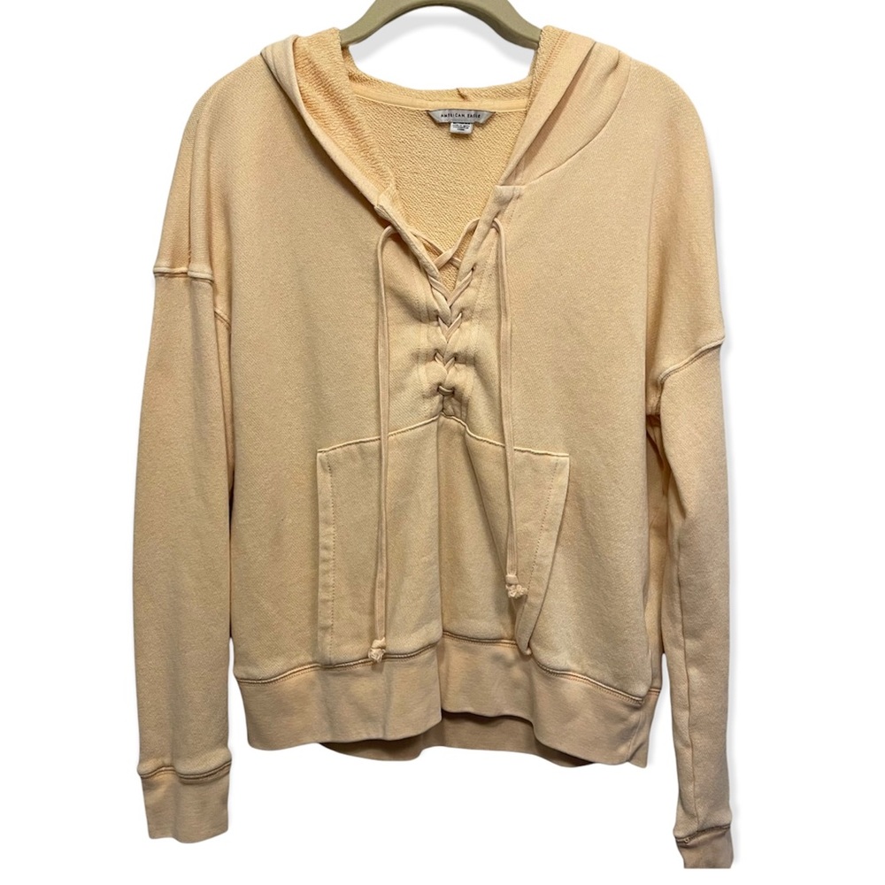 American Eagle Soft Yellow Lace Up Hooded Sweatshirt